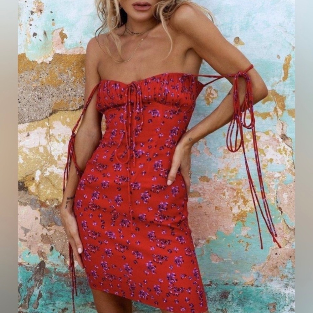 Rat & Boa Fia Mini Slip Dress Womens Large Red Floral Tie Strap Gathered Bust